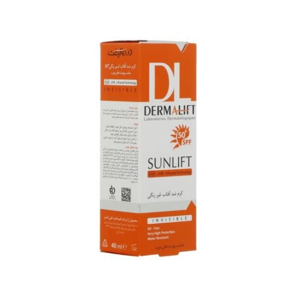 کرم ضد آفتاب بدون رنگ درمالیفت مدل SPF50 محافظ UVA ،UVB، ضد آب، مناسب پوست چرب حجم 40 میلی‌لیتر
