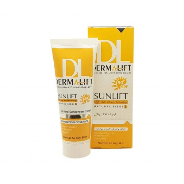 کرم ضد آفتاب رنگی درمالیفت مدل SPF50 محافظ UVA ،UVB، ضد آب، مناسب پوست خشک بژ طبیعی شماره 2 حجم 40 میلی‌لیتر